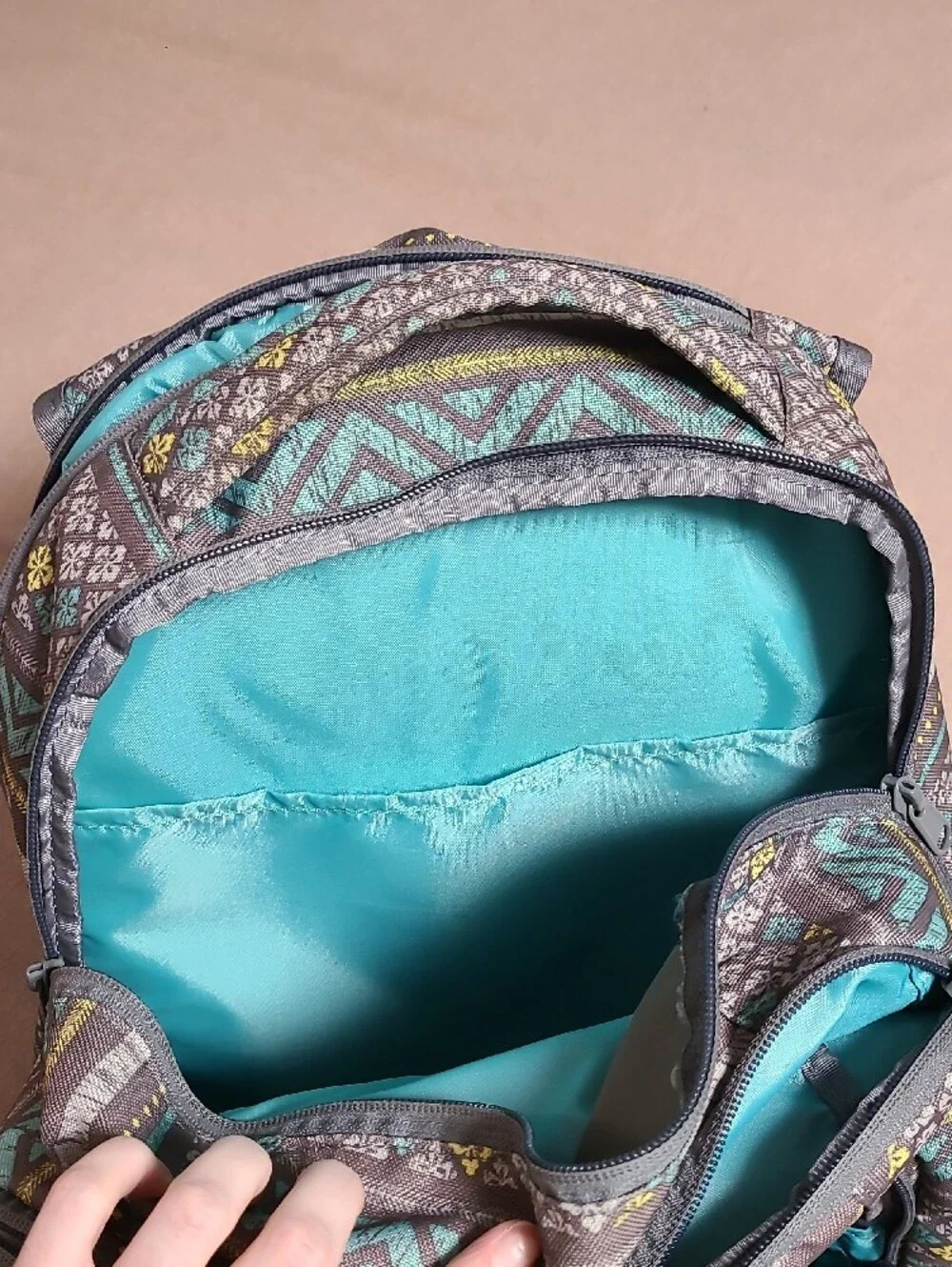 Gray Patterned Backpack with Aqua & Yellow Accents